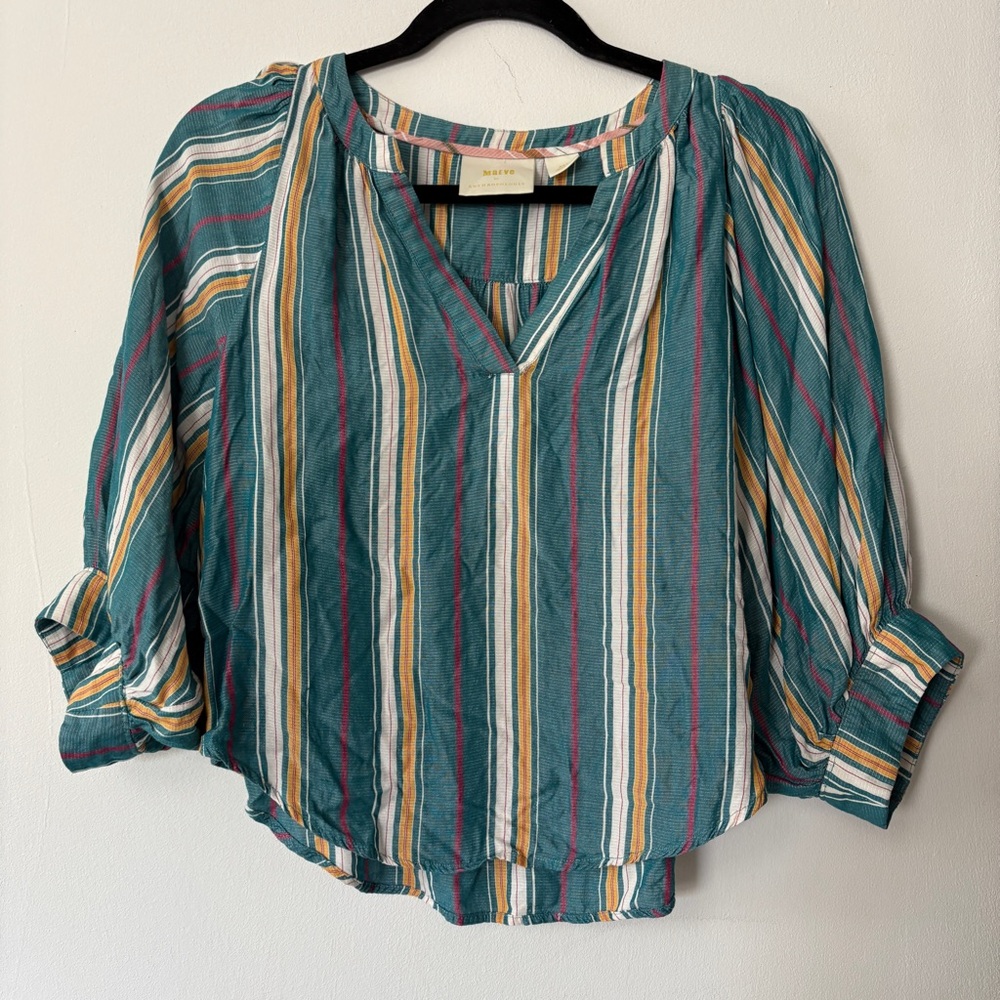 ANTHROPOLOGIE MAEVE Byron Split Neck Top Balloon Sleeve Striped Blouse Size XS P